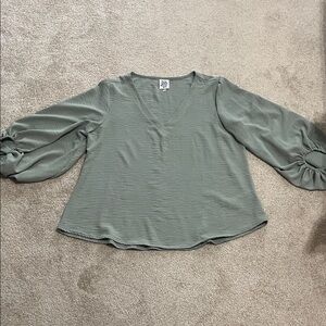 V-Neck Sage Green Blouse with Balloon Sleeves